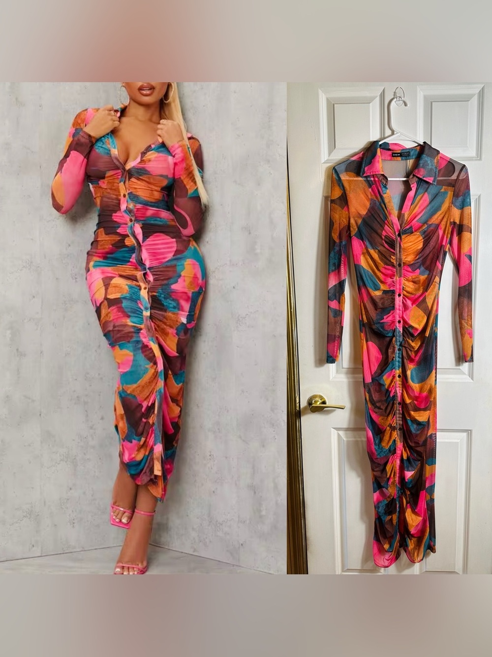 SHEIN Long-Sleeve Abstract Print Button-Front Midi Dress - Pink, Teal & Orange